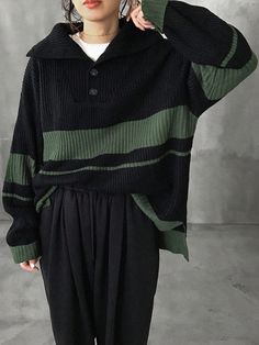 Women's Loose Fit Striped Button Half-Placket Drop Shoulder Long Sleeve Sweater, Autumn Winter Black Casual  Long Sleeve Knitwear Colorblock,Striped Pullovers Non-Stretch  Women Clothing, size features are:Bust: ,Length: ,Sleeve Length: