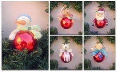 four pictures of christmas ornaments hanging from a tree with snowman and penguin on top