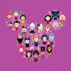 mickey mouse's faces are arranged in the shape of a heart on a purple background