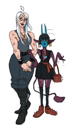 two cartoon characters, one with horns and the other with blue hair standing next to each other