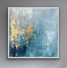 Artwork title: 'Balance'. A high quality, unframed print ready for you to mount and/or frame to your personal choice. This striking, large abstract artwork has been created using a mix of relaxing blue and grey colours and tones and enhanced with metallic gold leaf-effect accents, providing a mesmerising and timeless focal point - perfect for hanging in almost any room of your home or office. This is a computer generated image, replicating textured oil paints on canvas and imitating reflective g Blue And Gold Abstract Art, Subtle Abstract Painting, Relaxing Abstract Art, Abstract Painting Acrylic Modern, Blue Canvas Art, Gold Abstract Painting, Blue Artwork, Gold Leaf Painting, Blue Wall Art