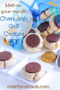 some cookies and coins on a table with the words melt - in your mouth chanukah get cookies