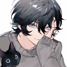 a man with black hair holding a black cat