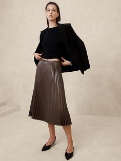 Vegan Leather Pleated Midi Skirt | Banana Republic Factory Fitted Leather Pleated Skirt, Leather Pleated Skirt For Night Out, Chic Pleated Skirt For Fall Night Out, Chic Pleated Skirt For Night Out In Fall, Classic Skirt For Fall Night Out, Chic Pleated Leather Bottoms, Sleek Lined Skirt For Fall, Sleek Fall Skirt, Chic Leather Pleated Skirt For Fall