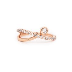 a rose gold ring with diamonds on the side and a white diamond in the middle