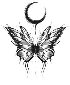 a black and white drawing of a butterfly with the moon in the sky behind it