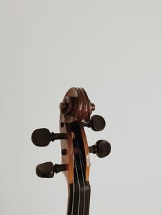 the back end of a violin against a gray sky