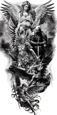 an angel and demon tattoo design on a white background