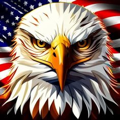 an eagle with the american flag behind it's head is shown in this image