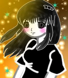 a drawing of a girl with long black hair and stars around her head, wearing a black shirt