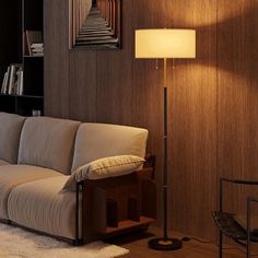 a living room with a couch, lamp and bookshelf