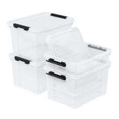 three plastic storage containers with black handles