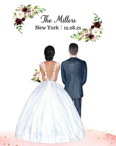 a watercolor painting of a bride and groom looking at the back of their wedding dress