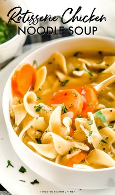 a white bowl filled with chicken noodle soup