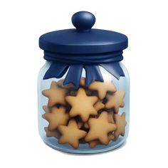 a jar filled with star shaped cookies on top of a white table next to a blue lid