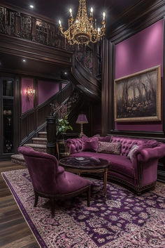 a living room with purple couches and chandelier