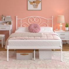 New arrival unique romantic style bed frame by Yoneston. Classic color always welcome to any boys & girls bedroom. We always focus on creating a non-slip and noise-free bed frame to provide you a better sleeping time, which ideal in your master bedroom, guest bedroom or teen's room. Our this modern Full Platform Bed Frame with the love heart shape Headboard is made of stable metal material with large weight capacity up to 350lbs. Solid metal framework with ultimate strength makes this metal plat White Metal Bed Frame Full Size, Y2k Bedframe, White Metal Bed Frame Bedroom Ideas, Cute Bed Frames, Bedroom Furniture White, White Metal Bed Frame, Full Metal Bed Frame, White Metal Bed, Disney Room