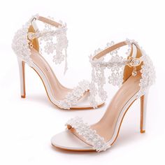 Details: Style: elegant Embellishment: lace, Appliques , tassels Heels Type: Stiletto Heel height: 10.5cm/8cm Closure Type: one-strap buckle Toe: Open Toe Upper Material: PU Leather Sole Material: Rubber Lining Material: PU Leather Whimsical Aesthetic, Lace High Heels, Heels Patterns, Tassel Sandals, White Wedding Shoes, Elegant High Heels, Roman Sandals, Types Of Heels, Stunning Shoes