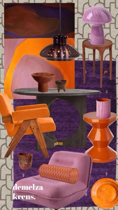 a collage of furniture and accessories in orange, purple, and pink colors with text overlay