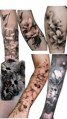 some tattoos with flowers and butterflies on their arms, both in different colors are shown