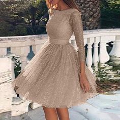 Material: PolyesterSilhouette: A-LineNeckline: O-NeckSleeve Length: FullSleeve Style: RegularDresses Length: Above Knee, Mini Backless Lace Dress, Long Sleeve Sequin Dress, Mini Robes, Lace Neckline, Mini Skater Dress, Elegant Party, Waist Dress, Skirt Top, Sequin Dress