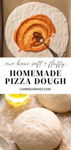 homemade pizza dough is sitting on a baking sheet with a spoon in it and the words, one hour gift - slayy homemade pizza dough