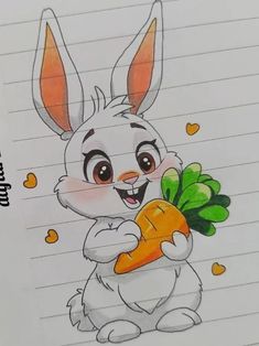 a drawing of a rabbit holding a carrot