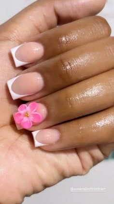 #summer #flowers #frenchnails Vacation Nails Short French Tip, Short Acrylic Nails Tropical, Pink Flowers On Nails, White Nail Designs With Flowers, Clear Nails With Flower Design, Holiday Nails Flowers, Pink Orange Flower Nails, White French Tip With Flower Design, Simple Vacay Nails