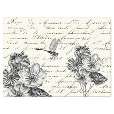 an old fashioned postcard with flowers and a bird flying over the letters on it