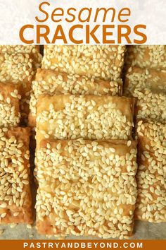 sesame crackers stacked on top of each other with the words sesame crackers above them