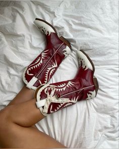 #cowgirlstyle #boots #coastalstyle Red Dress Cowboy Boots, Cowgirl Boots Red, Red And White Cowboy Boots, Country Boots Women, Red Cowboy Aesthetic, Red Cow Girl Boots, Red Boots Outfit Western, Cowboy Boot Aesthetic, Aesthetic Cowboy Boots