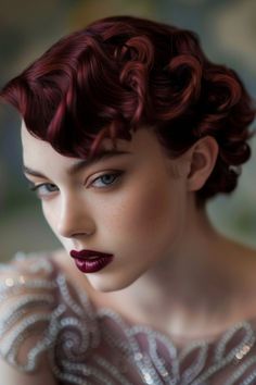 Woman with vintage marcel wave hairstyle and red lipstick, wearing a sequined dress, conveying a classic, glamorous look. Trendy Formal Hairstyles, Classy Hairstyle, Pixie Cut Styles