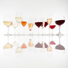 several glasses of wine are lined up in a row on a reflective surface with reflections