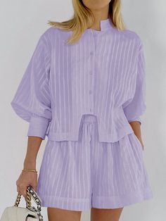 All Purple Outfit, Shorts Shirt Outfit, Long Shorts Women, Sleeve Shirt Outfit, Honeymoon Wear, Feather Gown, Shirts And Shorts, Shirt And Shorts Set, Sleeves Ideas