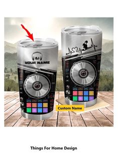 two cans with the same design on them, one has an image of a dj's turntable