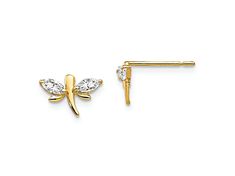 14k yellow gold polished children's dragonfly stud earrings with marquise shaped cubic zirconia stones. Measures approximately 1/4"L x 3/8"W and have post and push back closures. Dragon Fly, Studs Earrings, Gold Polish, Post Earrings, Cubic Zirconia, Yellow Gold, Stud Earrings, Stone, Yellow