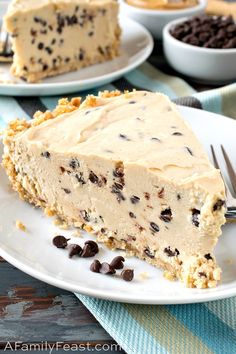 a slice of chocolate chip cheesecake on a plate