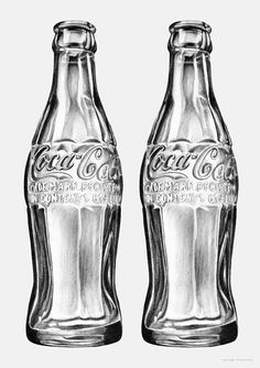 two coca - cola bottles are shown in this black and white drawing, one is empty