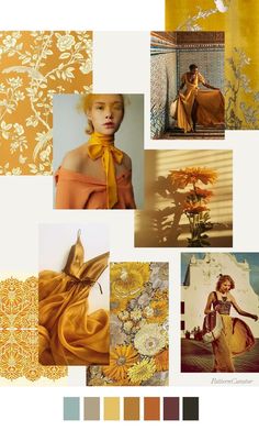 the color scheme is yellow and brown, with many different pictures in it including flowers