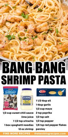 an advertisement for bang bang shrimp pasta with text overlaying the image and description below