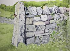 a watercolor painting of a stone wall with grass and trees in the back ground