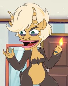 a cartoon character holding a lit candle in one hand and looking at the camera with an evil grin on her face