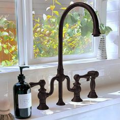 a kitchen sink with two faucets and soap dispenser next to it