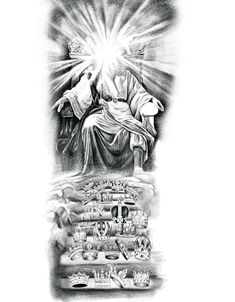 Upper Arm Tattoos For Guys, Half Sleeve Tattoos Sketches, Revelation Tattoo, Biblical Tattoos, Bible Tattoos, Christian Drawings, Heaven Tattoos, Biblical Artwork, Father Tattoos