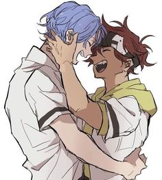 two people with blue hair hugging each other