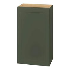 a green cabinet with a wooden top on a white background and the door is open