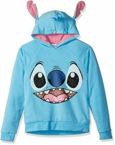 a blue hoodie with an angry face on the front and ears at the back