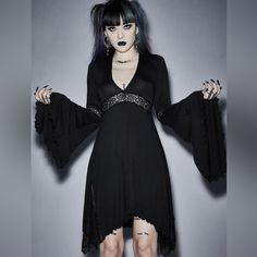 New Without Tags Super Soft And Comfortable Alternative Long Sleeve Halloween Dress, Black Long Sleeve Punk Dress, Gothic V-neck Dress For Night Out, Black Dress For Alternative Fashion Halloween, Black Dress For Halloween Alternative Fashion, Edgy Long Sleeve Dress For Cosplay, Black Mini Length Dress For Halloween, Edgy Long Sleeve Cosplay Dresses, Black Mini Dress For Cosplay