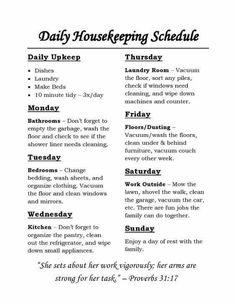 the daily house keeping schedule is shown in black and white, with words above it