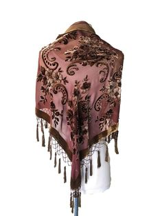 Become entranced with the whirling design of this fringed triangle shawl. Hand-sewn details with glass beads add to the luxurious look, while a silk blend provides a soft and sleek appeal to the pretty piece. 62'' x 28'' with 4'' fringe Viscose / Silk Hand wash; dry flat Mode Country, Velvet Shawl, Triangle Shawl, Spring Roll, Silk Brocade, Lovely Clothes, Silk Velvet, Hippie Chic, Looks Vintage